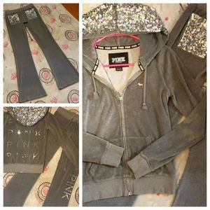 🔥Victoria's Secret PINK (top 10 faves) Velour Mid Rise Flare Pant Sequin Outfit